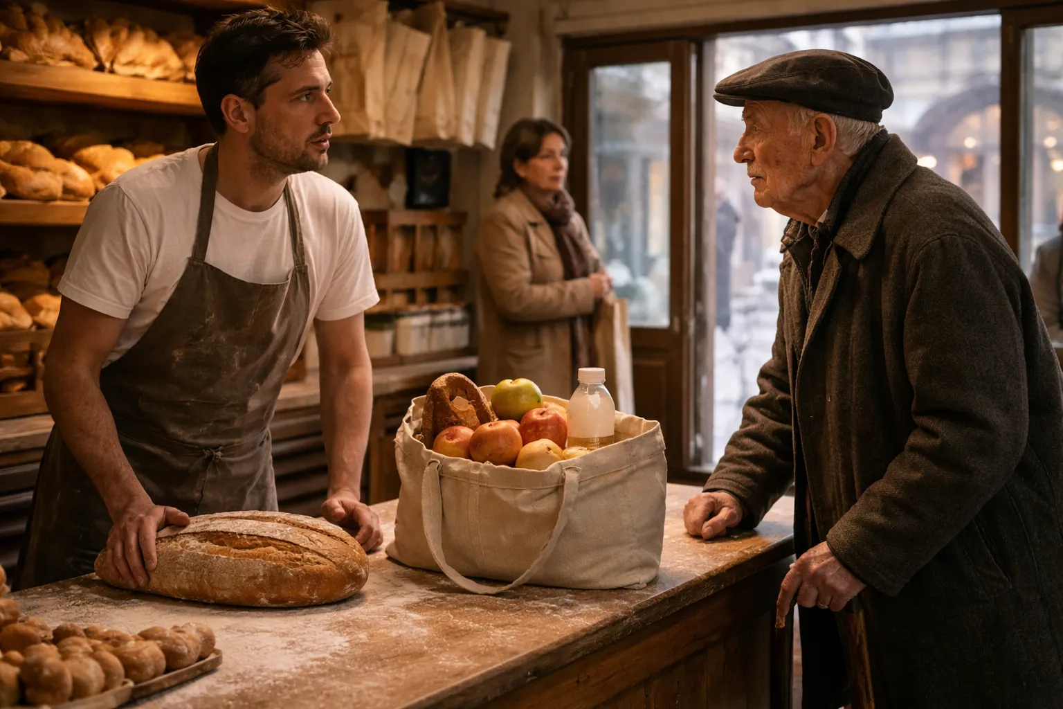 Chiese del pane per sua moglie. Il venditore non gli diede gli avanzi