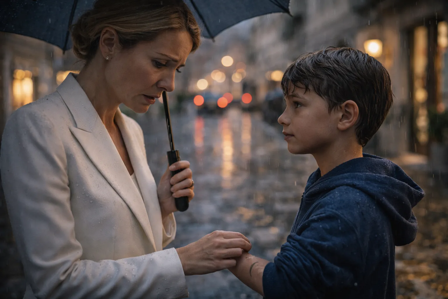 Umiliò un ragazzino senzatetto per il suo vestito bianco — poi vide sul suo polso il segno che le distrusse il cuore